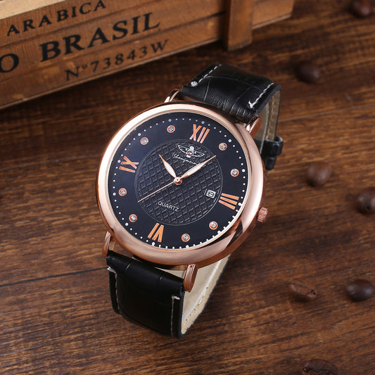 Rose gold analog watch with black textured dial, Roman numerals, and black leather strap on wooden surface.