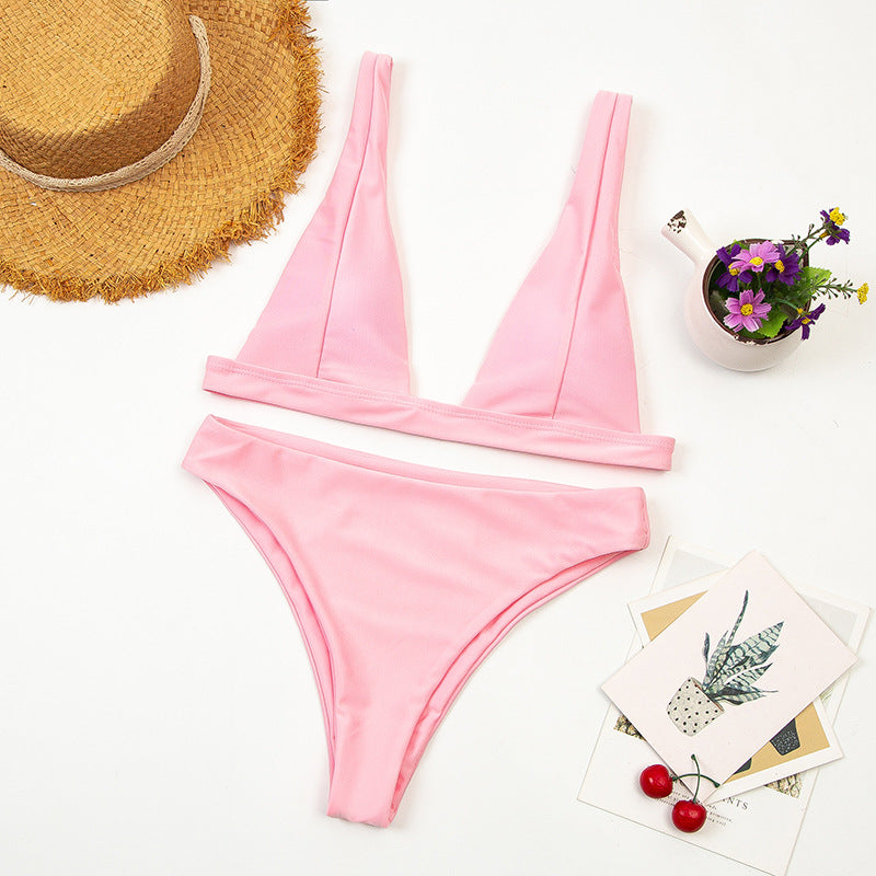 Deep V Plunge Bikini With High Waist Bottom For Women Quick Dry Nylon Lightweight Coastal Beachwear Built-In Chest Pads