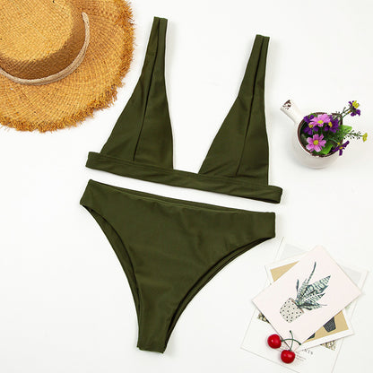 Deep V Plunge Bikini With High Waist Bottom For Women Quick Dry Nylon Lightweight Coastal Beachwear Built-In Chest Pads