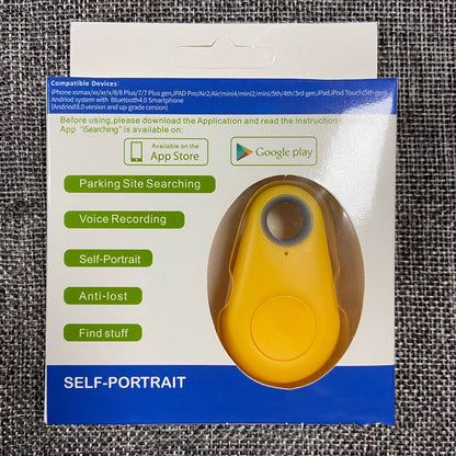 Yellow teardrop-shaped Bluetooth tracker in retail packaging for locating keys and bags.