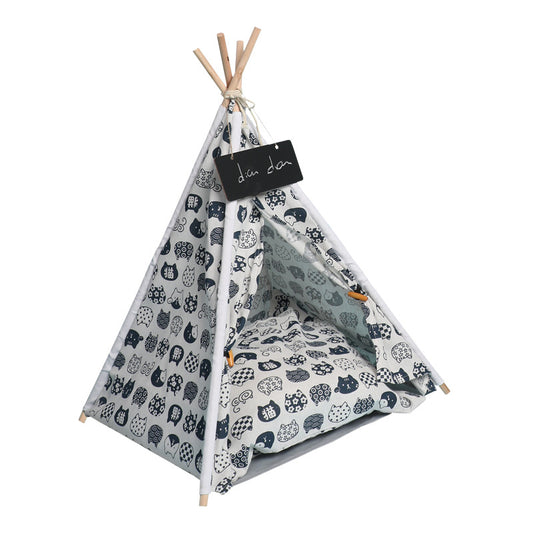 Dog tent kennel with cat pattern cover, wooden poles, and matching cushion