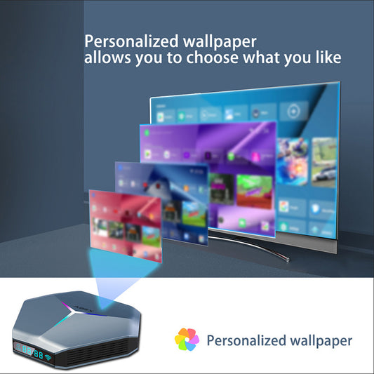 Android TV box with personalized wallpaper interface displayed on a television screen.
