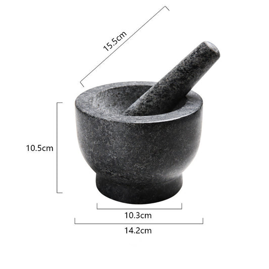 Stone mortar and pestle set showing dimensions for traditional spice grinding