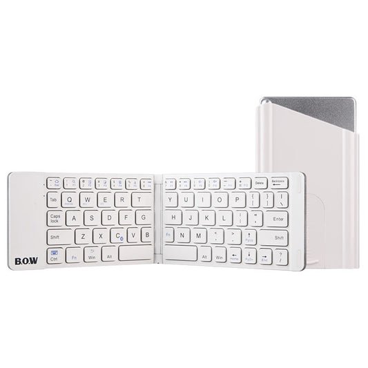 White foldable wireless keyboard with QWERTY layout and protective case.