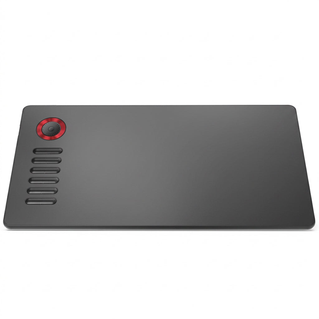 Black drawing tablet with a red dial and six shortcut buttons on the left side.