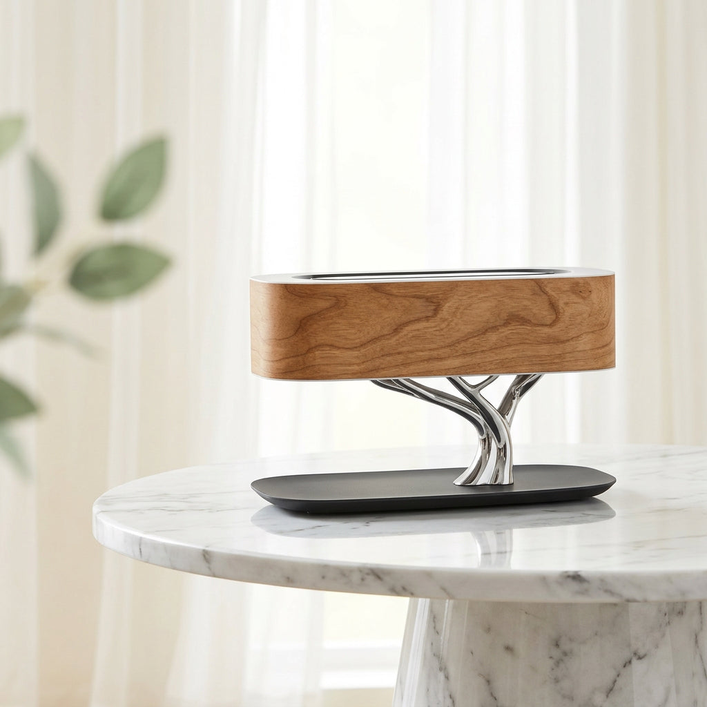 Wooden lamp with a silver tree branch stand on a black base, resting on a white marble table.