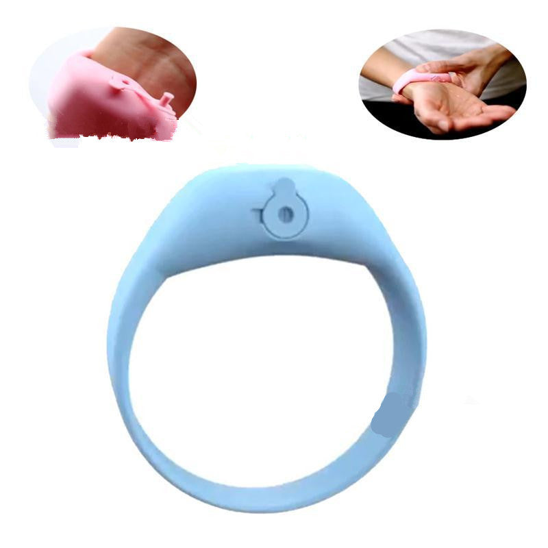 Light blue silicone hand sanitizer dispenser wristband with two smaller inset images showing usage.