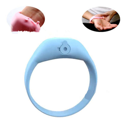 Light blue silicone hand sanitizer dispenser wristband with two smaller inset images showing usage.
