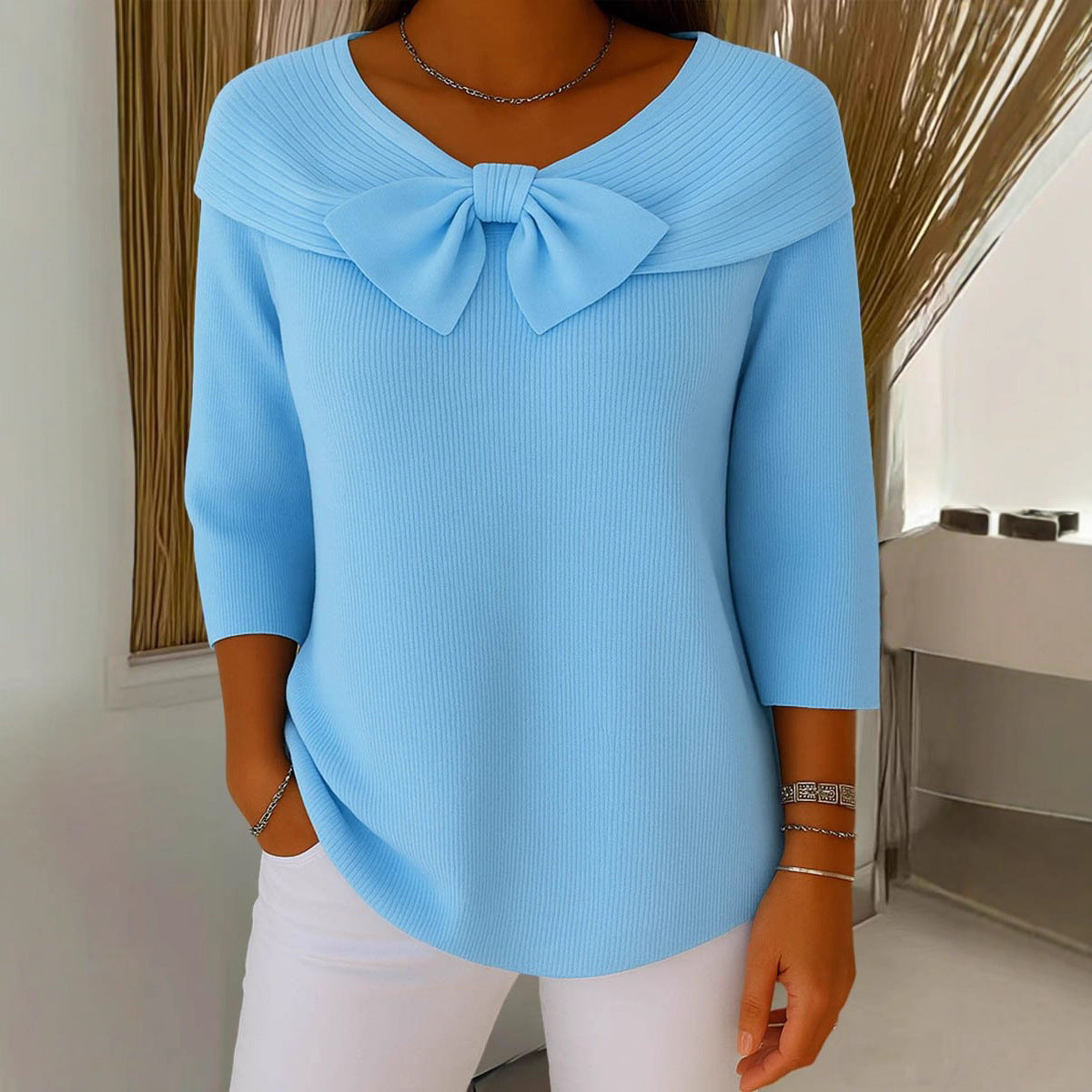 Soft Knit Sweater for Women with Delicate Bow Detail for Layering