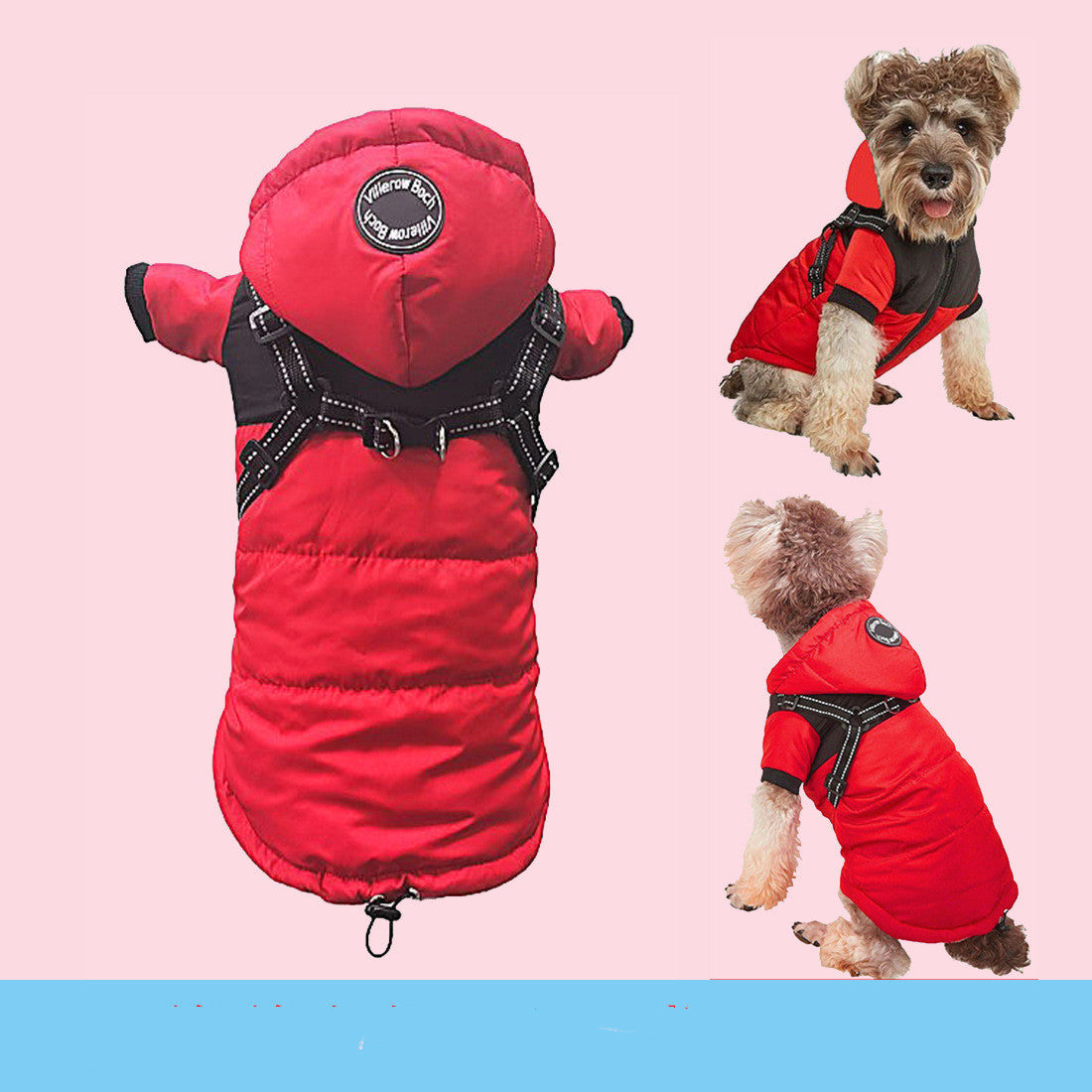 Red and black puffer dog coat with integrated harness and hood, shown flat and on a dog.