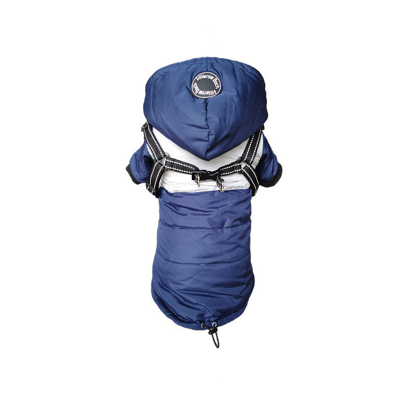 Blue and white hooded puffer dog coat with integrated black harness, back view