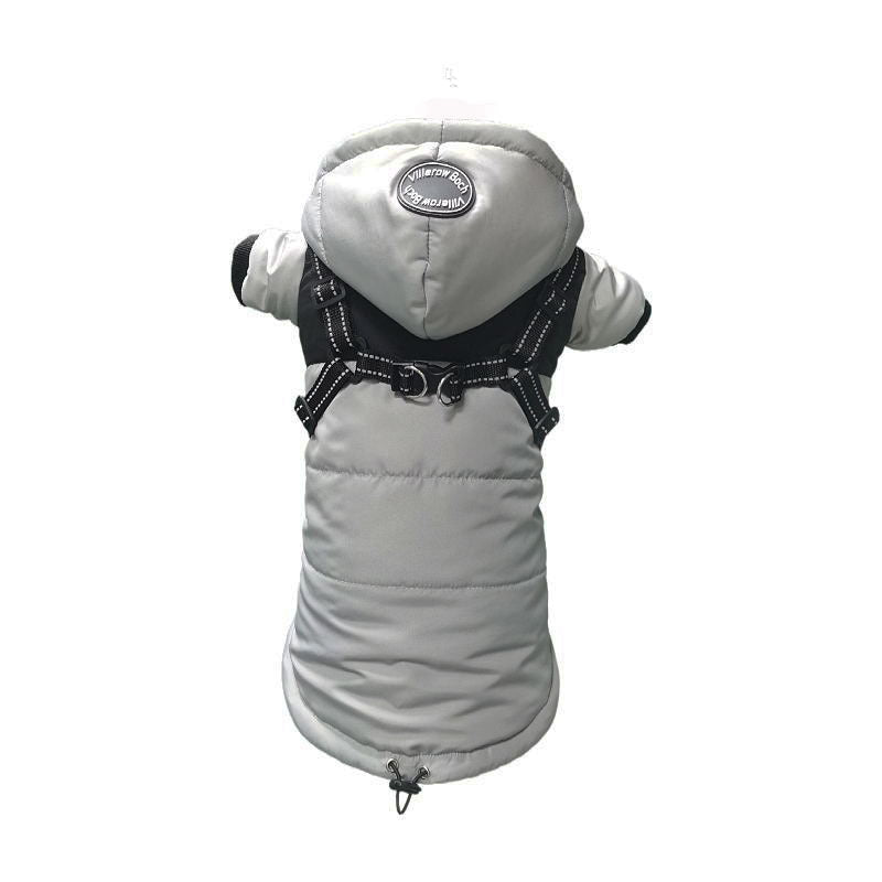 Light gray hooded dog puffer coat with an integrated black harness and double D-ring closure, viewed from the back.