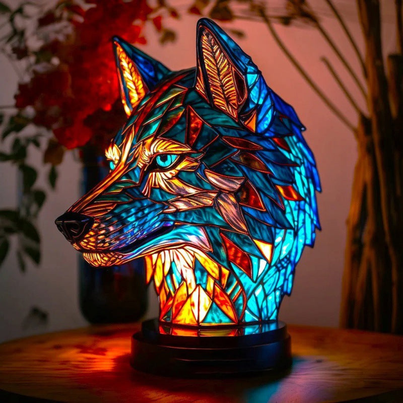 Home decor animal sculpture lamp featuring a stained glass wolf head design with internal lighting.