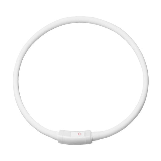White LED dog collar laid out in a circle with a power switch at the bottom