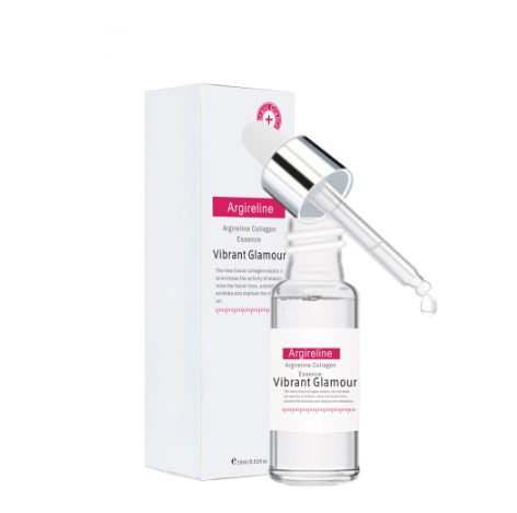 Collagen facial serum glass bottle with a dropper next to its white box packaging