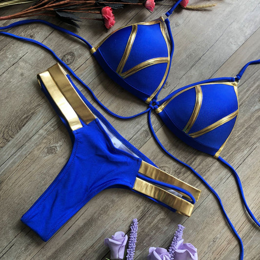 Alternate view of padded triangle bikini set with metallic trim detailing