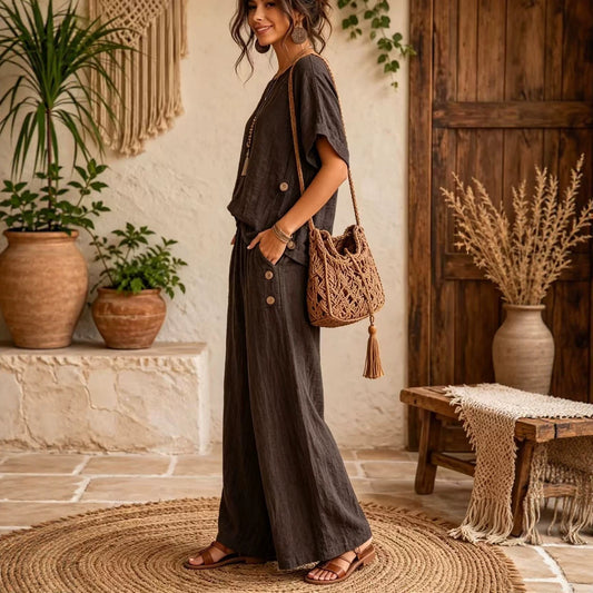 Wide-leg linen pants, flowing side view