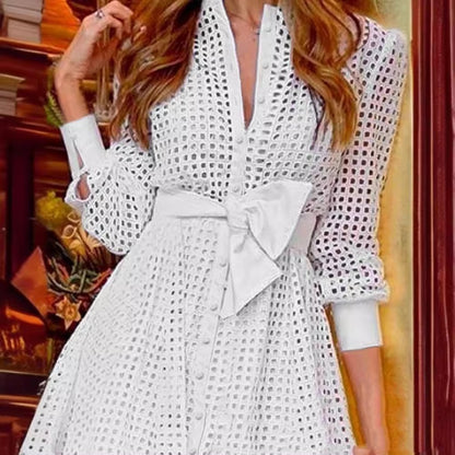 White Mesh Long Sleeve Shirt Dress - Fitted Waist Button Down Dress