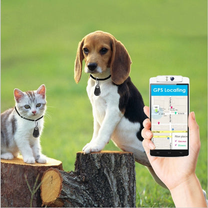 Black waterproof Bluetooth tracker on dog and cat collars shown on a phone app to track pets.