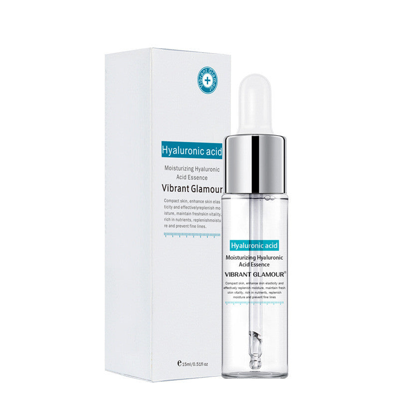 Hyaluronic acid facial serum bottle and matching white box with text.