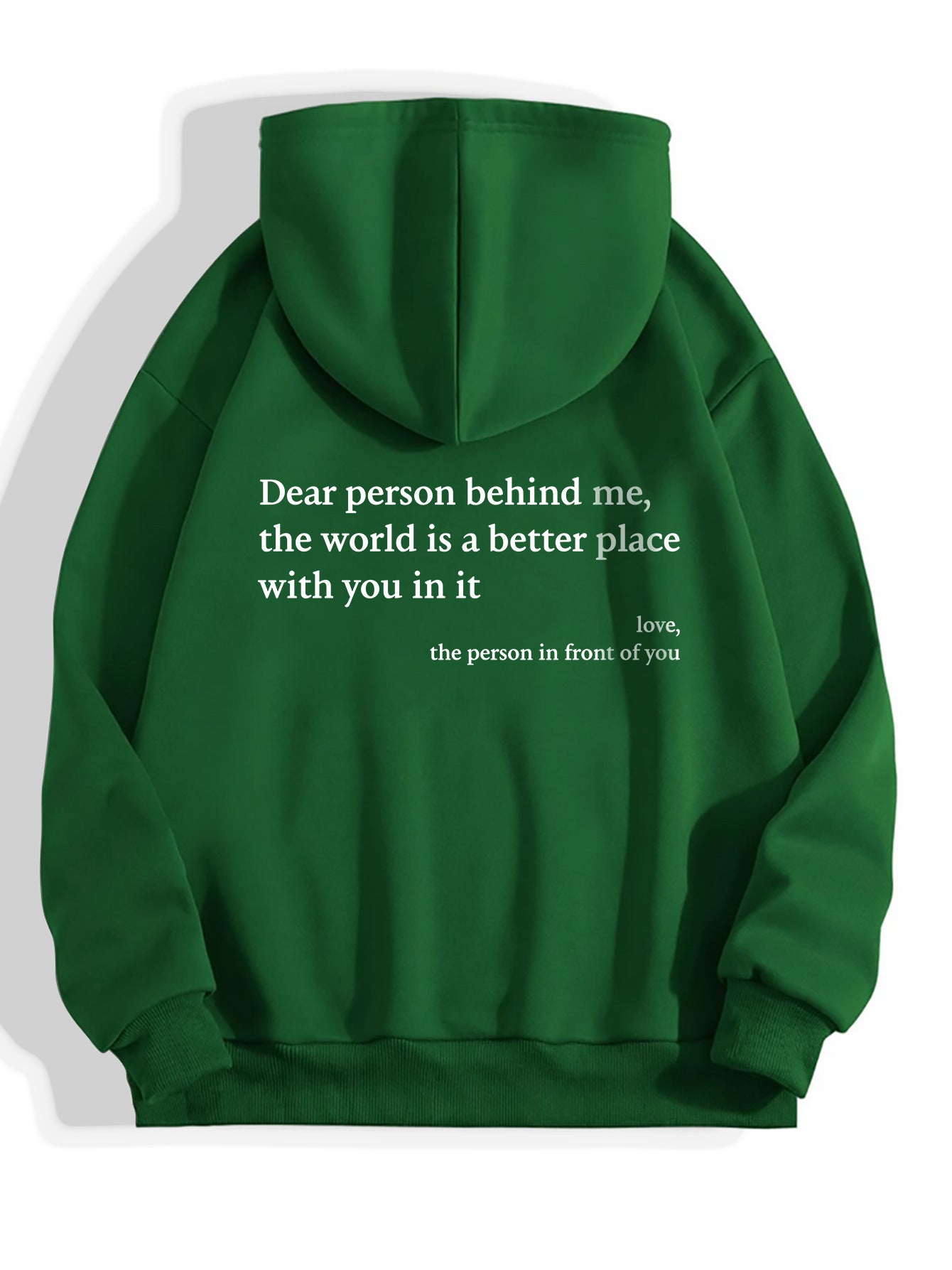 Green oversized hoodie with white back text print for daily casual wear.