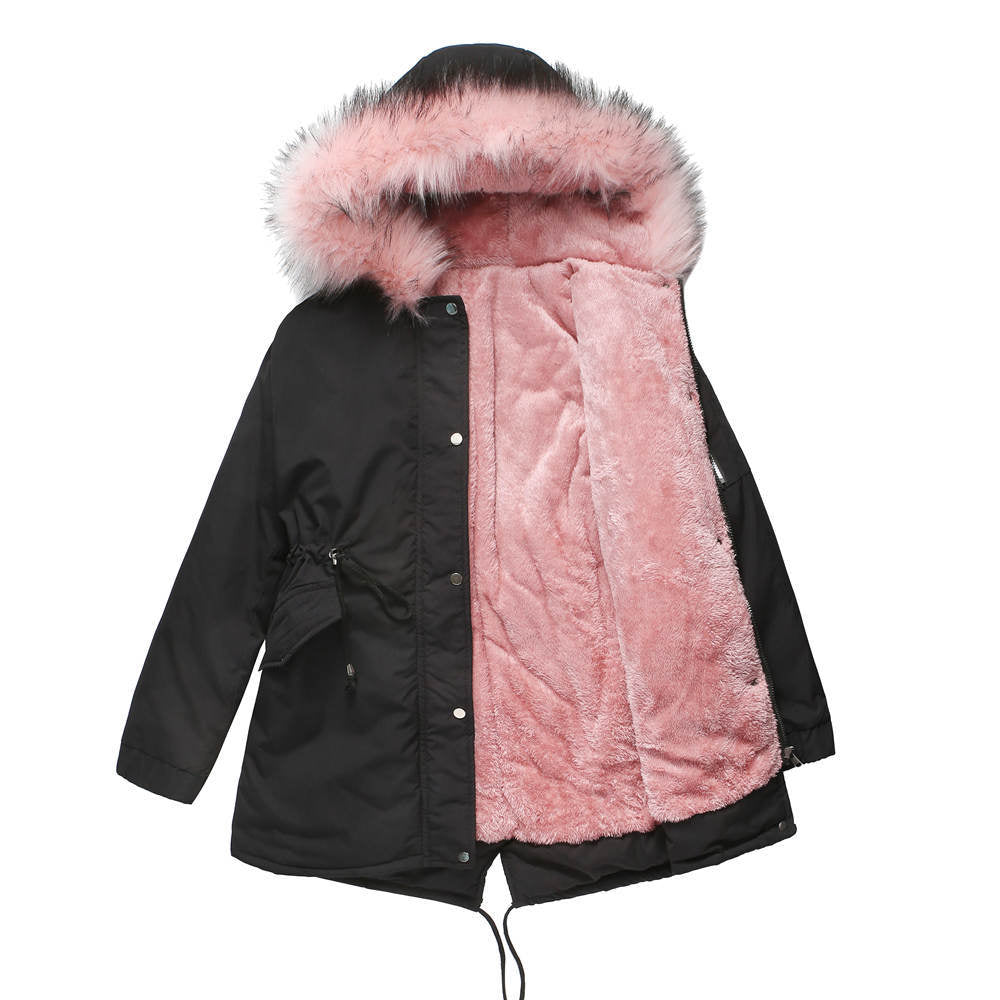 Black hooded parka coat with pink faux fur lining and trim on a white background.