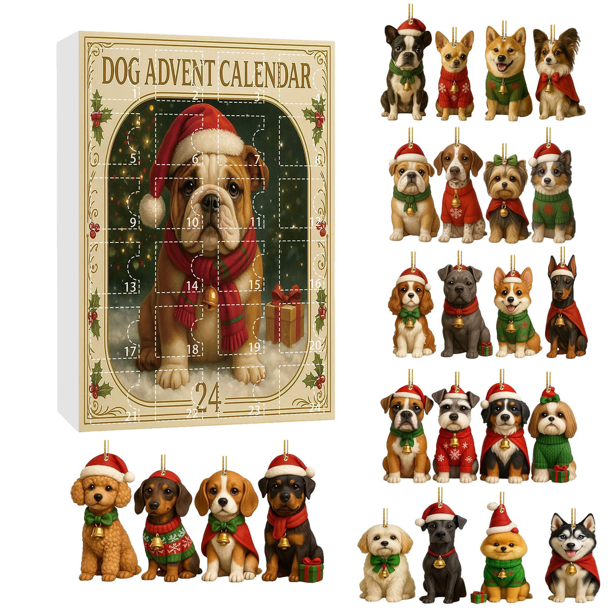Dog advent calendar box with twenty-four assorted acrylic dog ornaments wearing holiday sweaters and hats.