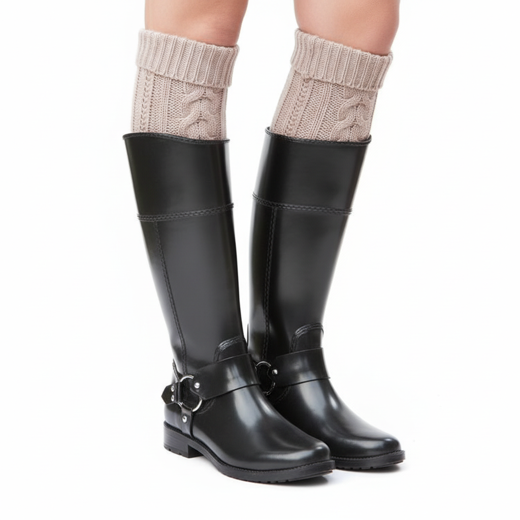 Black leather knee-high boots with side harness buckles and beige cable-knit boot cuffs on white.
