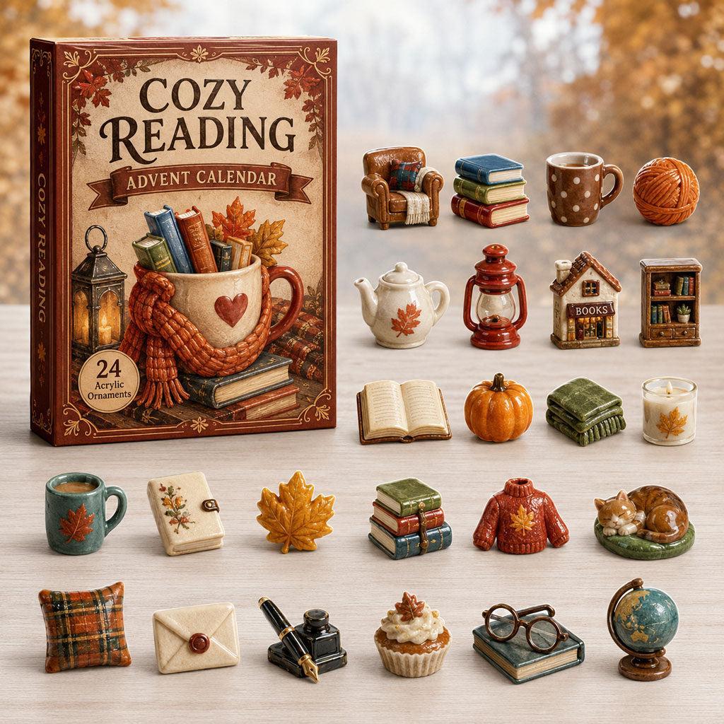 Advent calendar box next to twenty-four miniature acrylic reading and autumn-themed ornaments displayed on a wooden table.