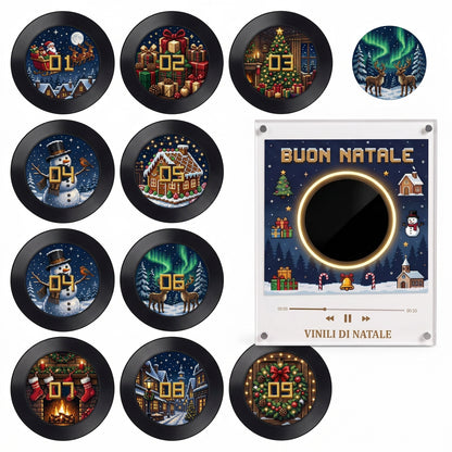 Numbered Christmas song discs with festive scenes beside a glowing vinyl music player.