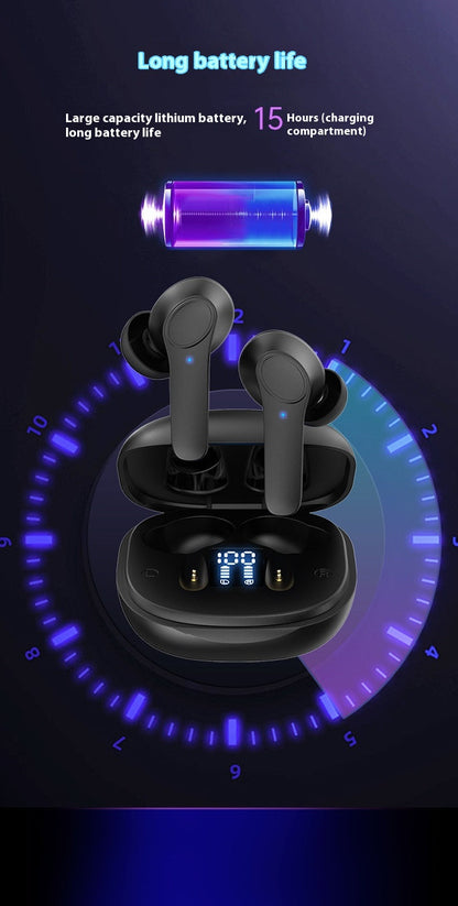 Black wireless earbuds with charging case and digital battery display, overlaid with graphics about battery life.