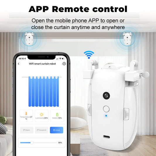White smart curtain motor next to a smartphone displaying app controls