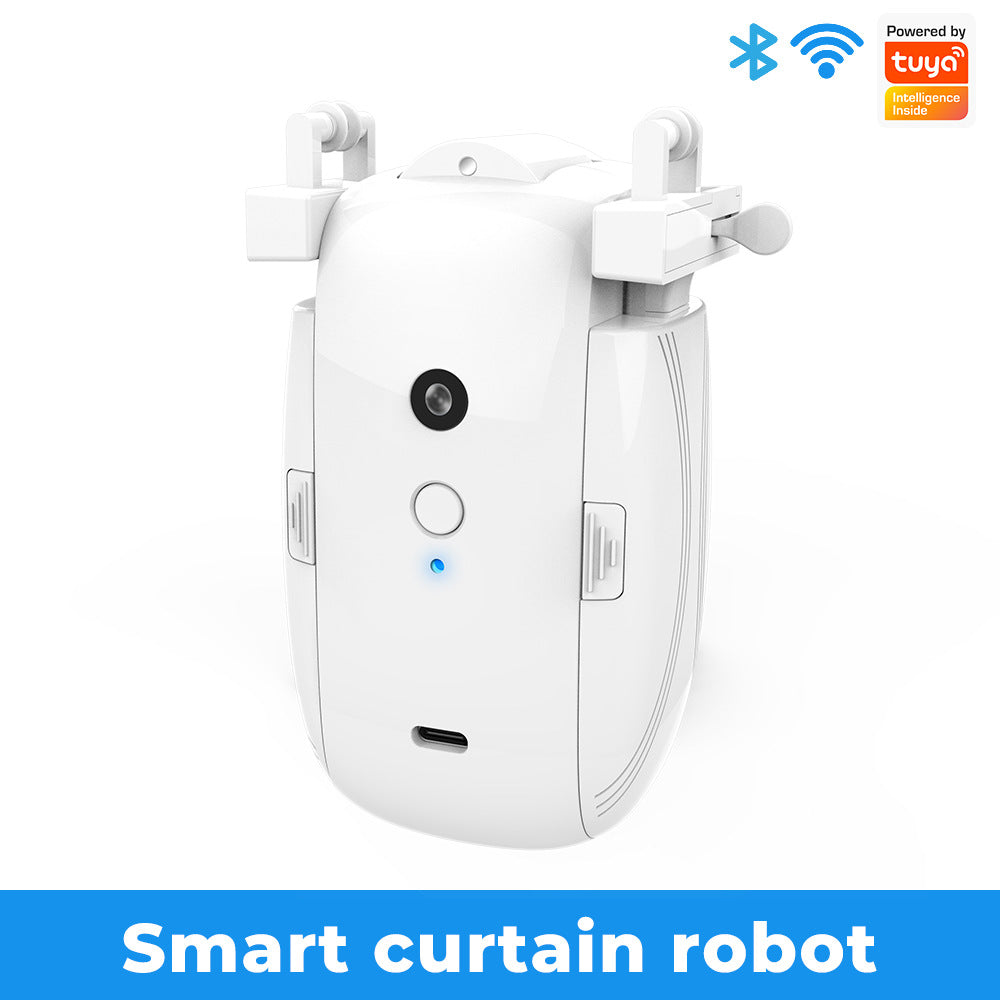 White smart curtain motor device with top track rollers, front camera lens, control button, and blue status indicator light.