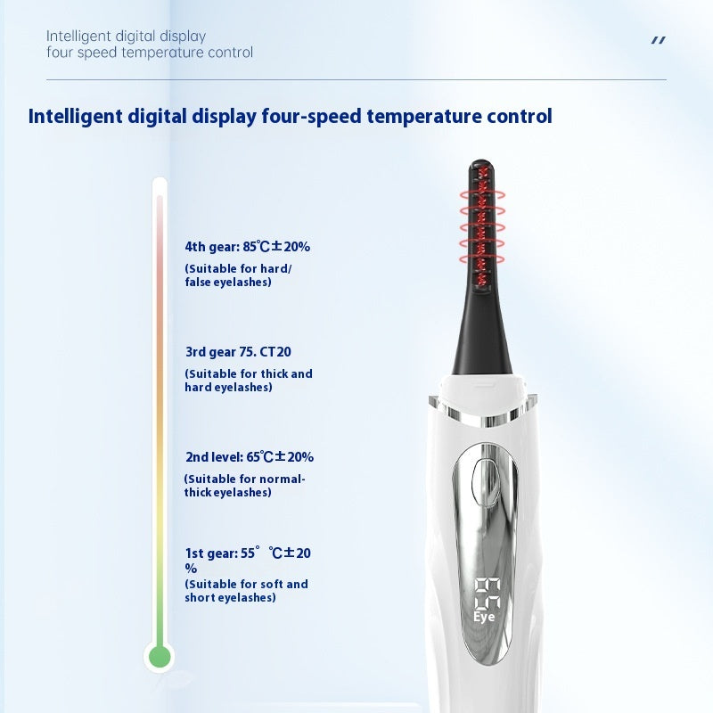 Electric heated eyelash curler showing four temperature settings and digital display on its white handle.