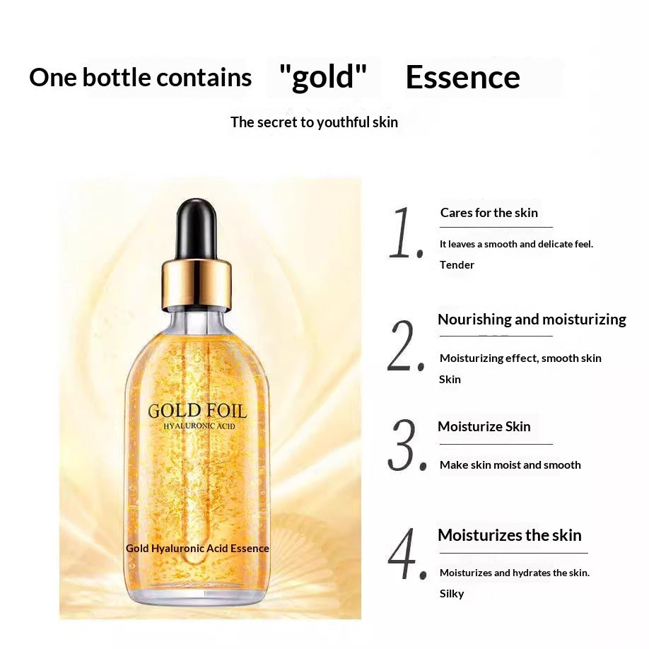 Gold foil serum bottle with skincare benefit highlights