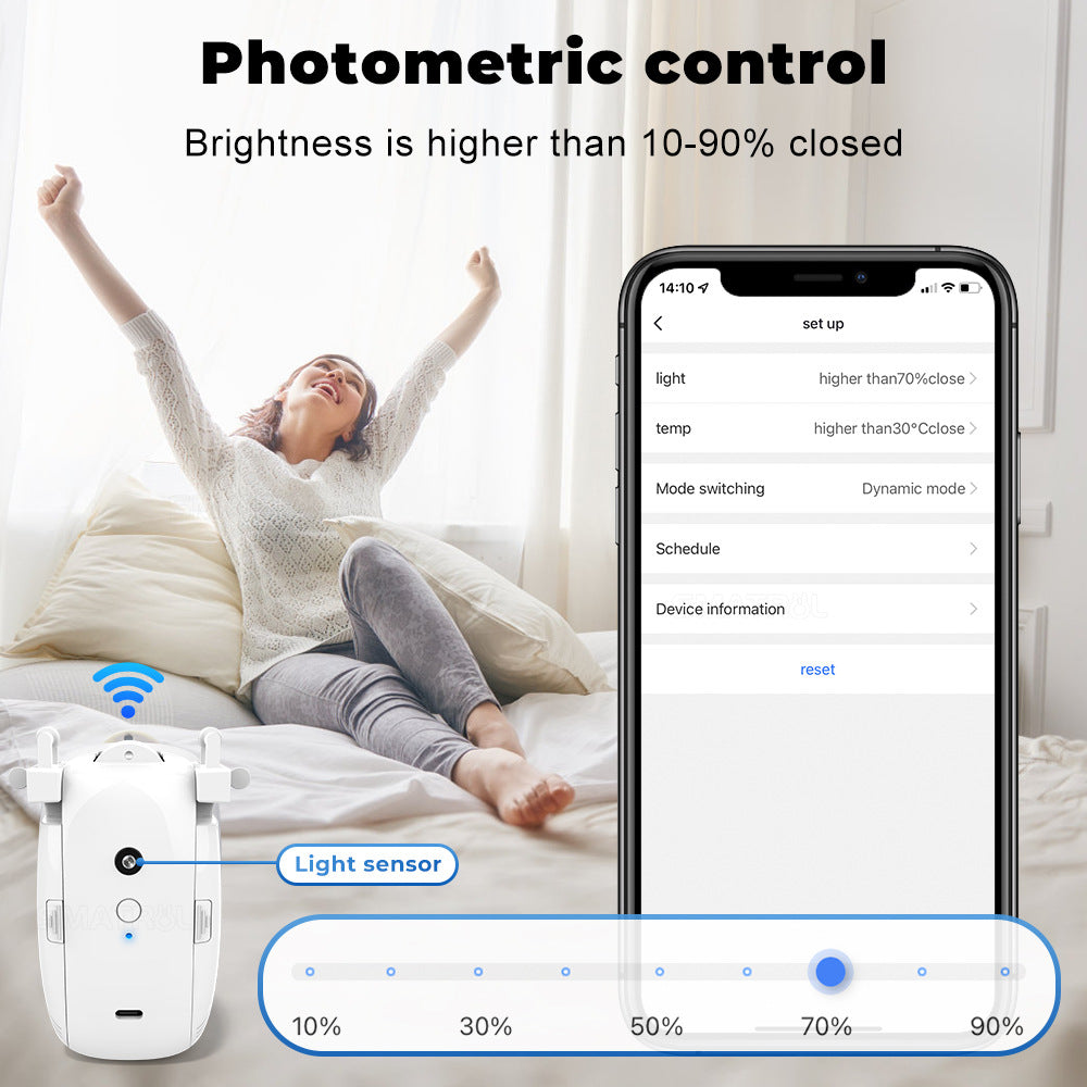 Smart curtain motor with light sensor and app settings for photometric control on a smartphone.