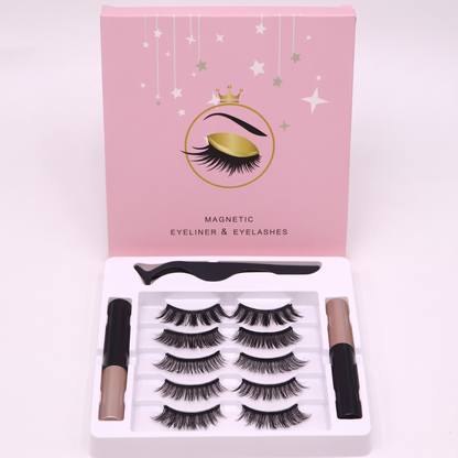 Magnetic eyelash kit in a pink box with five pairs of strip lashes, black eyeliner tubes, and tweezers.