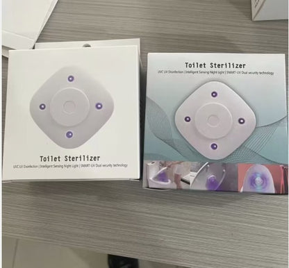 White square toilet sterilizer with LED motion sensor light for bathroom disinfection.
