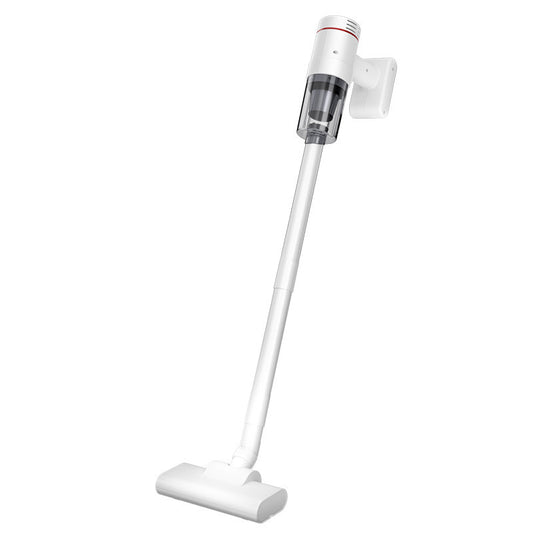 White cordless stick vacuum cleaner mounted on a wall bracket.