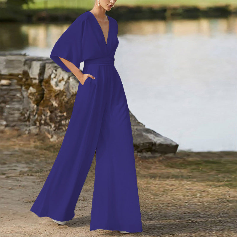 Wireless Jumpsuit with Deep V-Neck and High Waist for Women