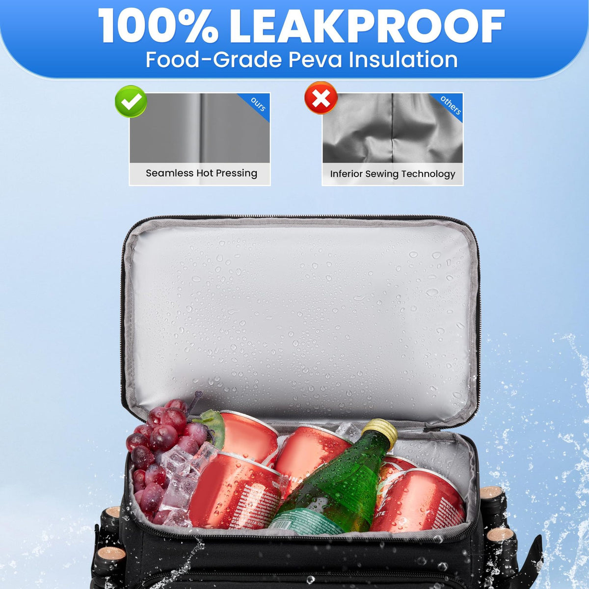 Leakproof cooler backpack with drinks and fruit inside