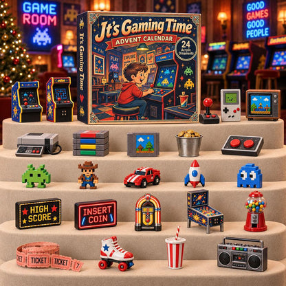Gaming-themed advent calendar with twenty-four miniature arcade and retro toy collectibles displayed on steps.