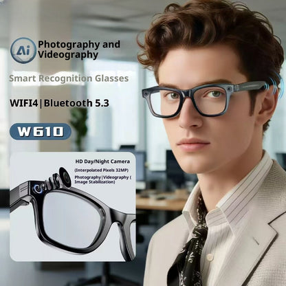 Black frame smart wearables with built-in camera for travel and everyday translation.