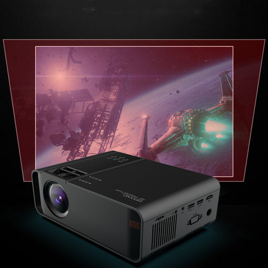 Black HD wireless home theater projector displaying a space scene on screen