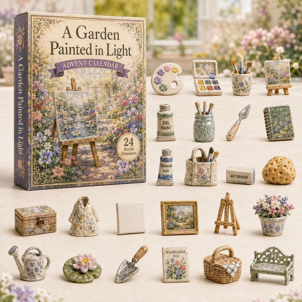 Advent calendar box with twenty-four miniature art-themed figurines and accessories arranged around it.