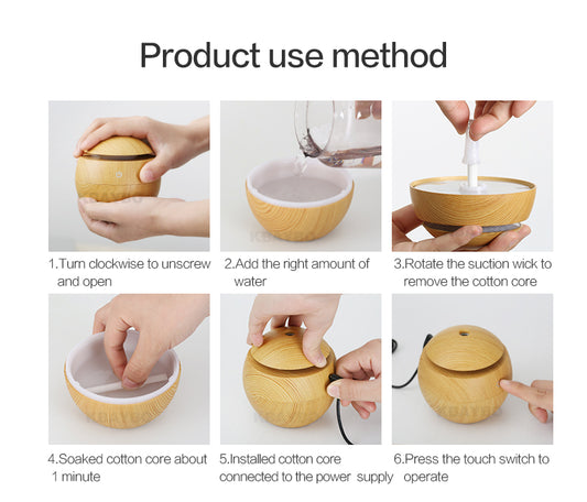 Six-step instructional diagram showing how to open, fill, wick, and operate a light wood-grain essential oil diffuser.