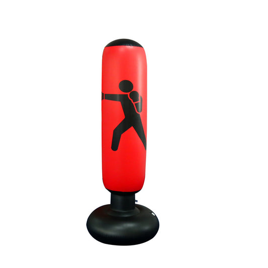 Red and black freestanding inflatable punching bag with a boxer graphic silhouette.