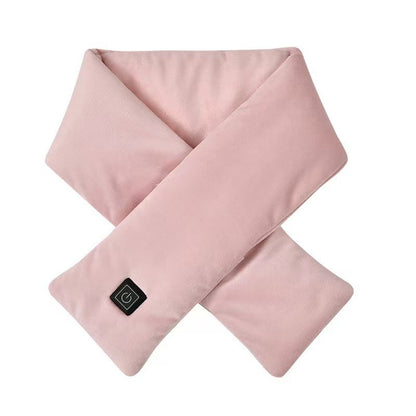 Heated neck scarf with power button tag on white background