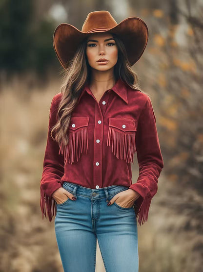 Western Style Top with Textured Panels and Tassel Details