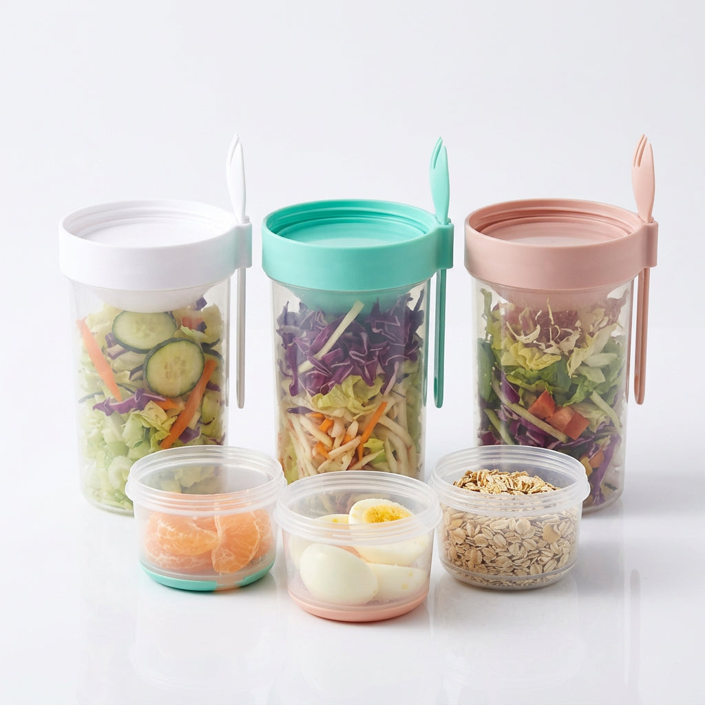 Three double-layer salad shaker cups in white, teal, and pink with separate topping bowls and forks.